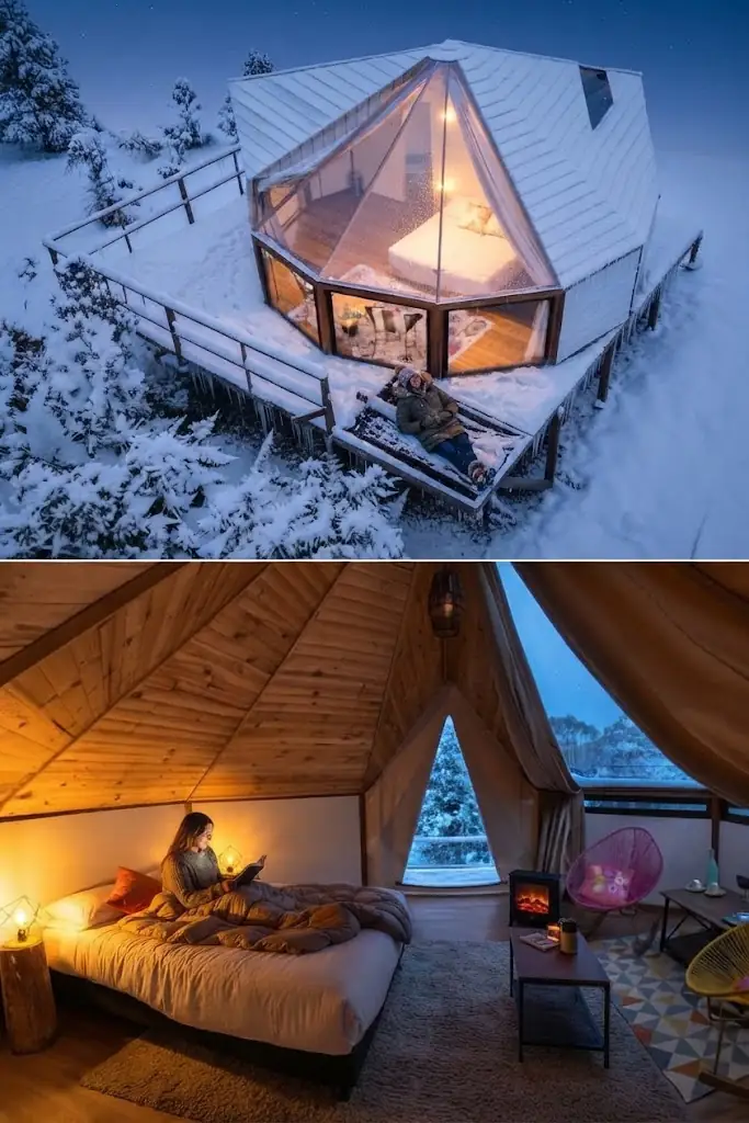 Interior de un domo de glamping equipado con cama y confort en Argentina, Argentina