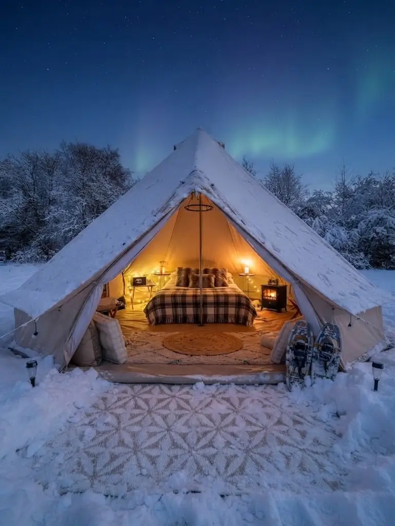 Interior de un domo de glamping equipado con cama y confort en Argentina, Argentina