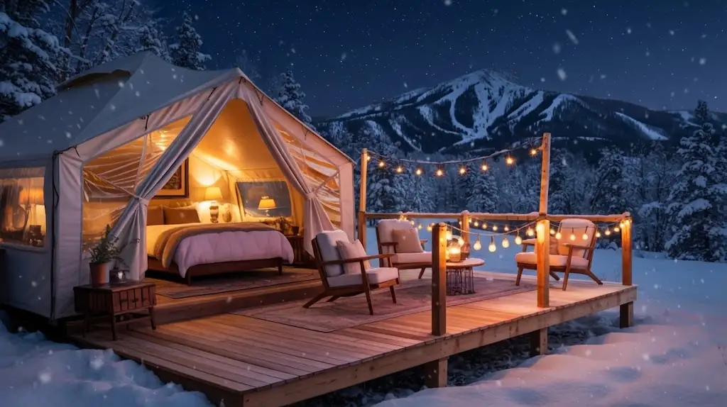 Interior de un domo de glamping equipado con cama y confort en la costa argentina, Argentina