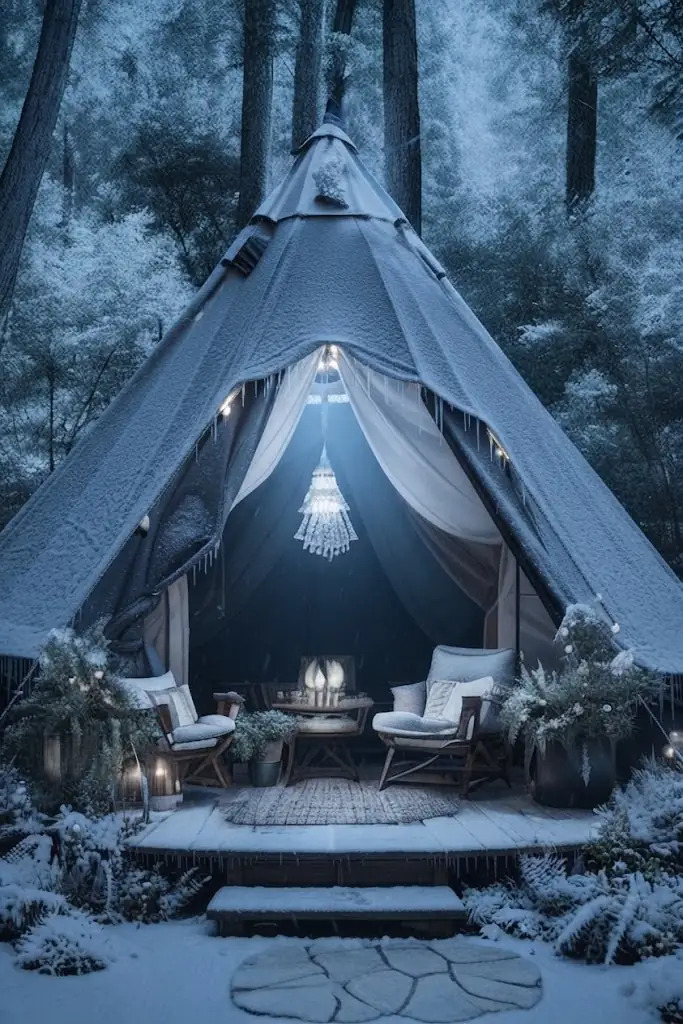 Interior de un domo de glamping equipado con cama y confort en la Patagonia, Argentina