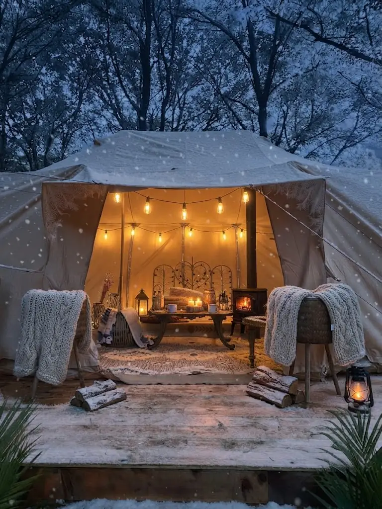 Interior de un domo de glamping equipado con cama y confort en Bariloche, Argentina