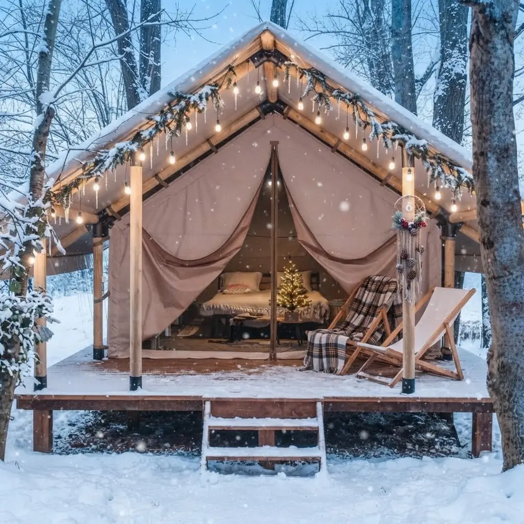 Interior de un domo de glamping equipado con cama y confort en Capilla del Monte, Argentina