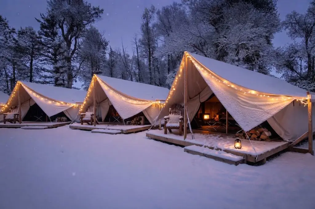 Interior de un domo de glamping equipado con cama y confort en Traslasierra, Argentina