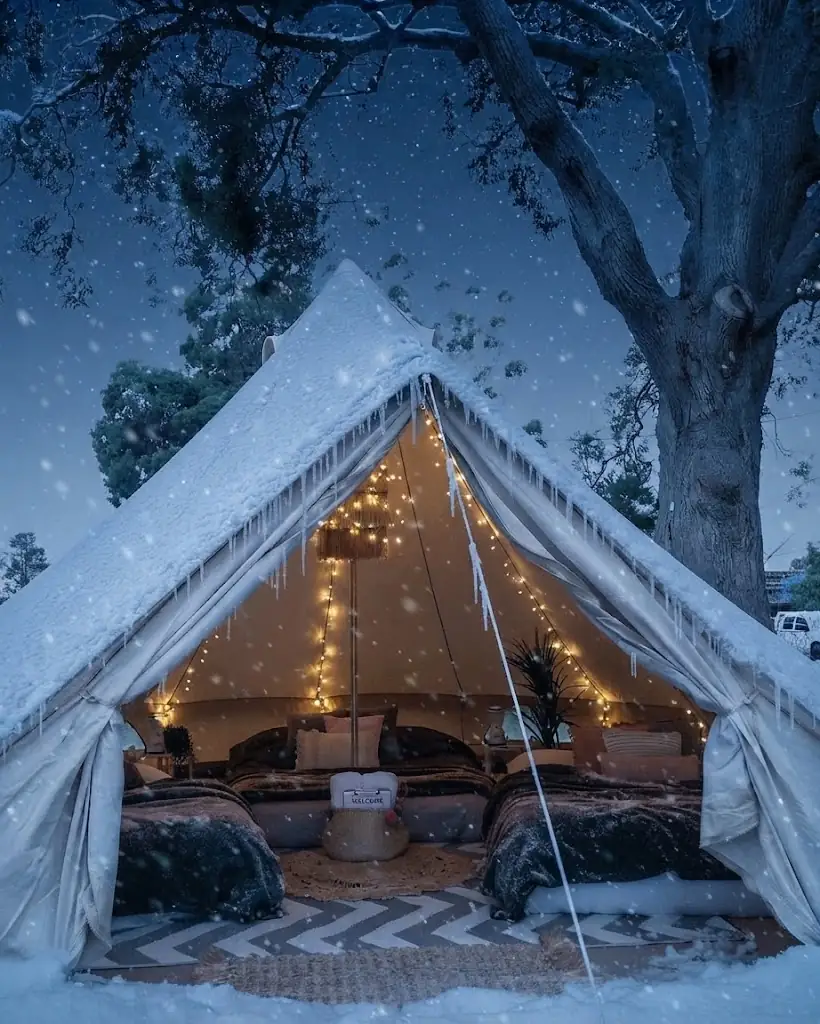 Interior de un domo de glamping equipado con cama y confort en Portal De Las Sierras, Argentina