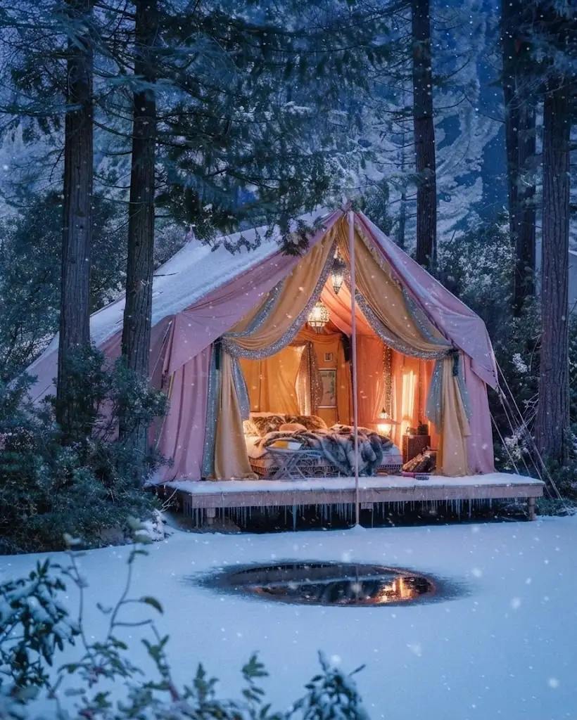 Interior de un domo de glamping equipado con cama y confort en El Refugio Nono, Argentina