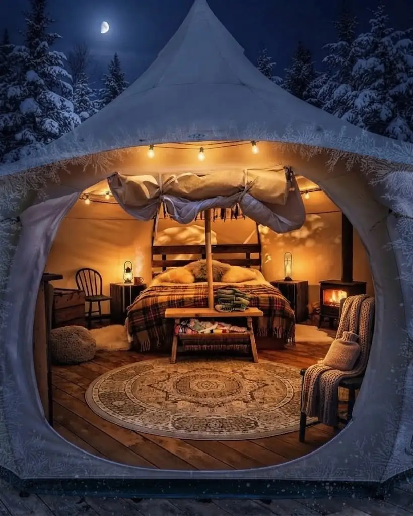 Interior de un domo de glamping equipado con cama y confort en Mendoza, Argentina