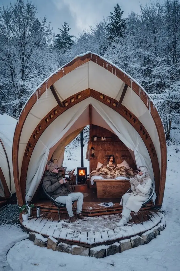 Interior de un domo de glamping equipado con cama y confort en el Norte argentino, Argentina