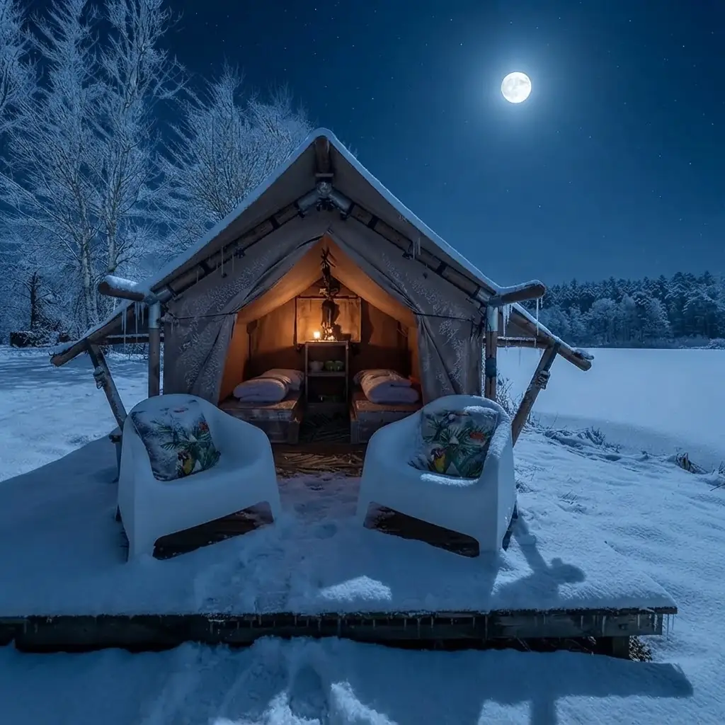 Interior de un domo de glamping equipado con cama y confort en Jujuy Precio, Argentina