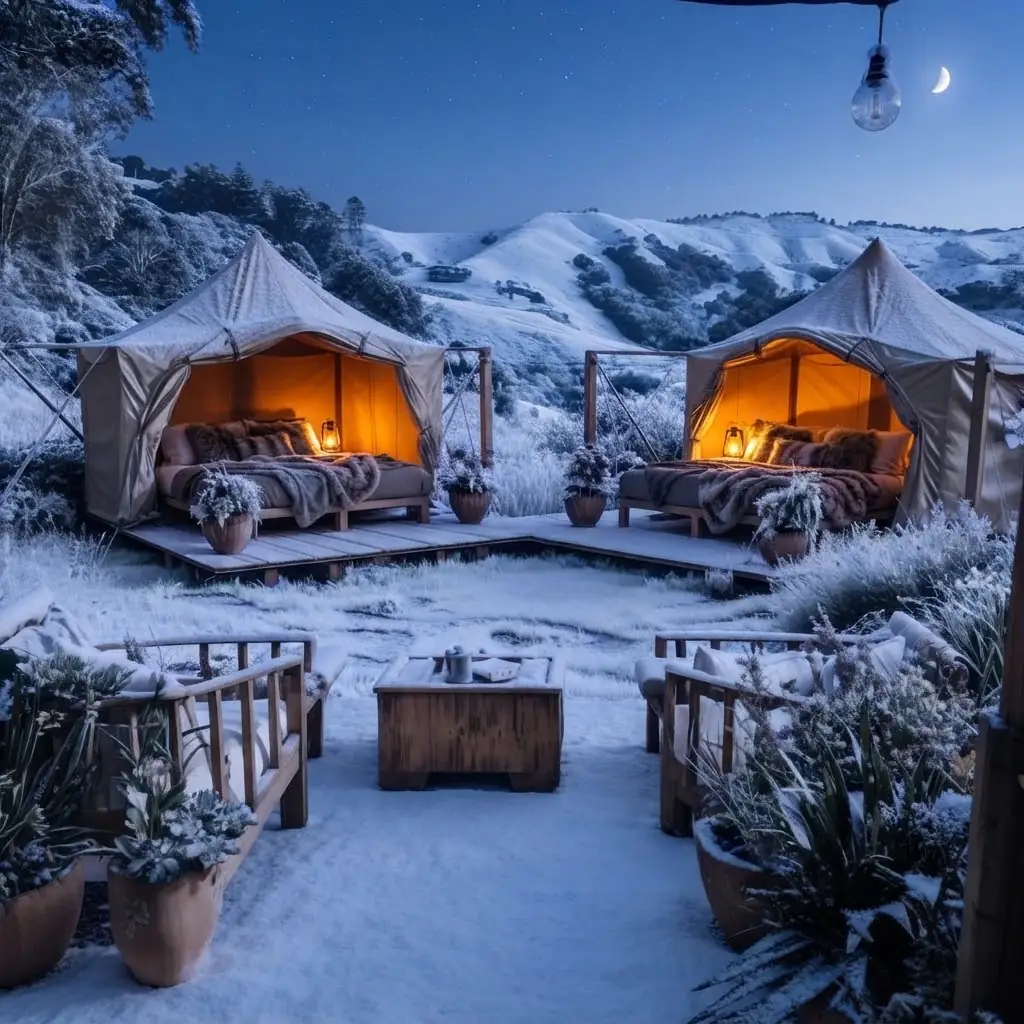Interior de un domo de glamping equipado con cama y confort en Misiones, Argentina