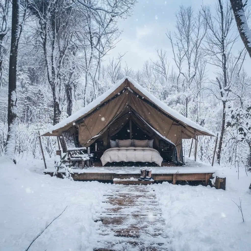 Interior de un domo de glamping equipado con cama y confort en la selva de Iguazú, Argentina