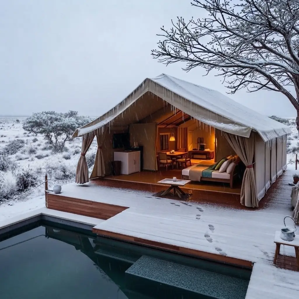 Interior de un domo de glamping equipado con cama y confort en los Esteros del Iberá, Argentina