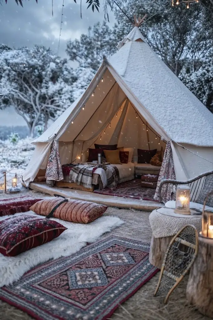 Interior de un domo de glamping equipado con cama y confort en Argentina, Argentina
