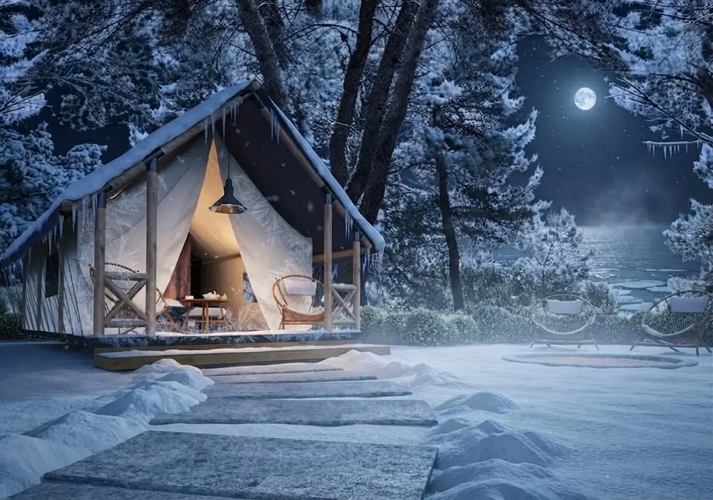 Interior de un domo de glamping equipado con cama y confort en Argentina, Argentina