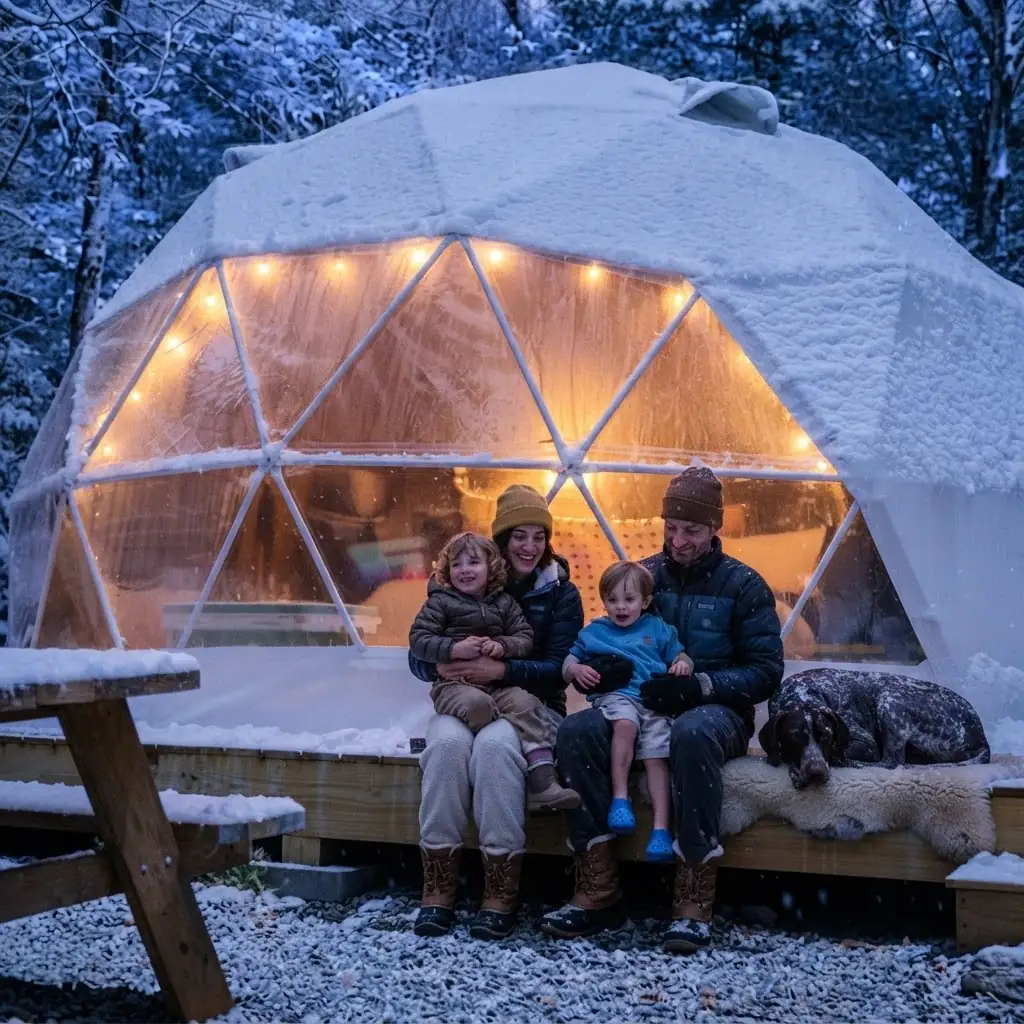 Interior de un domo de glamping equipado con cama y confort en Argentina, Argentina