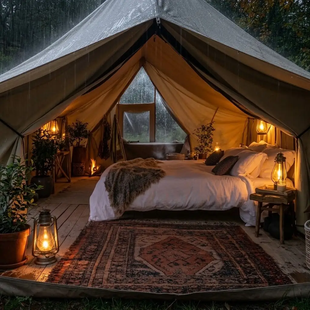 Interior de un domo de glamping equipado con cama y confort en Argentina, Argentina