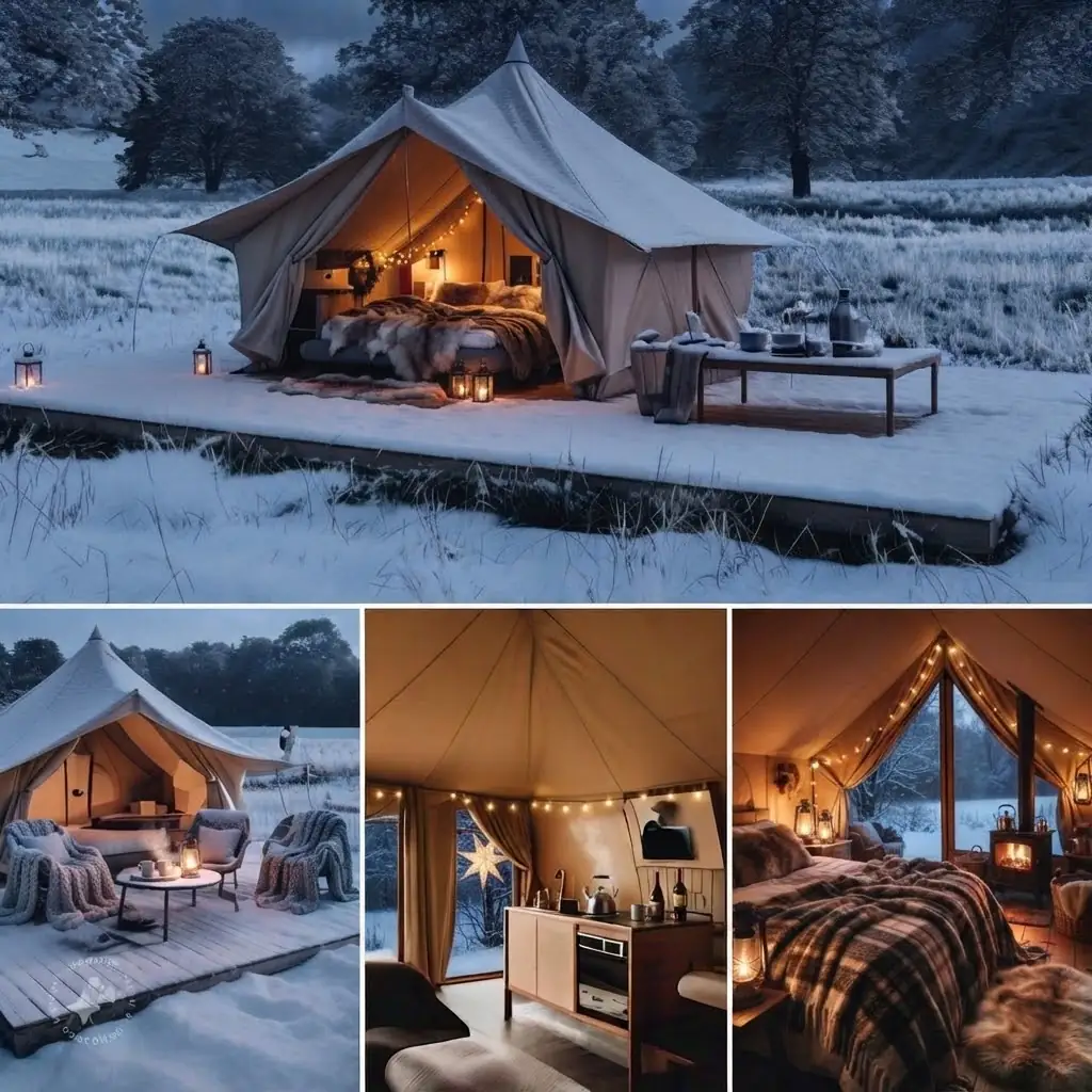 Interior de un domo de glamping equipado con cama y confort en Terranova, Argentina
