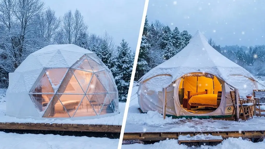 Interior de un domo de glamping equipado con cama y confort en Refugio, Argentina