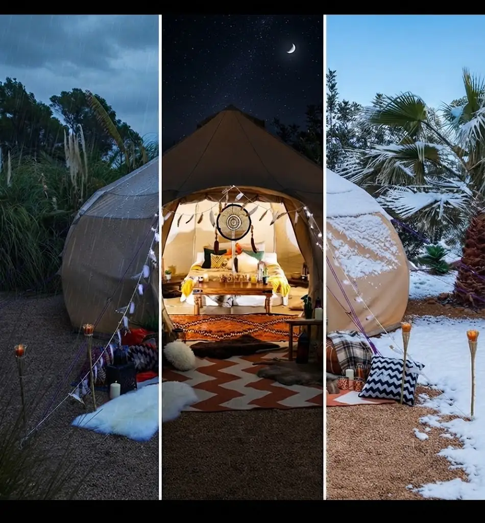 Interior de un domo de glamping equipado con cama y confort en la selva, Argentina