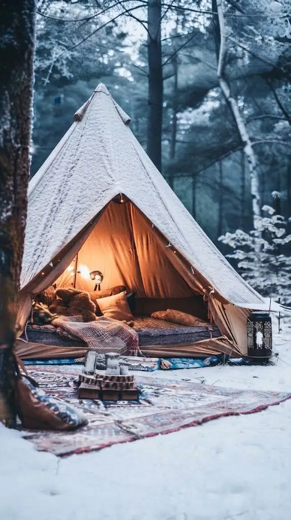 Interior de un domo de glamping equipado con cama y confort en Camping El Pinar Fotos, Argentina