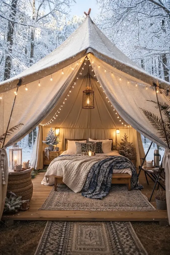 Interior de un domo de glamping equipado con cama y confort en Argentina, Argentina