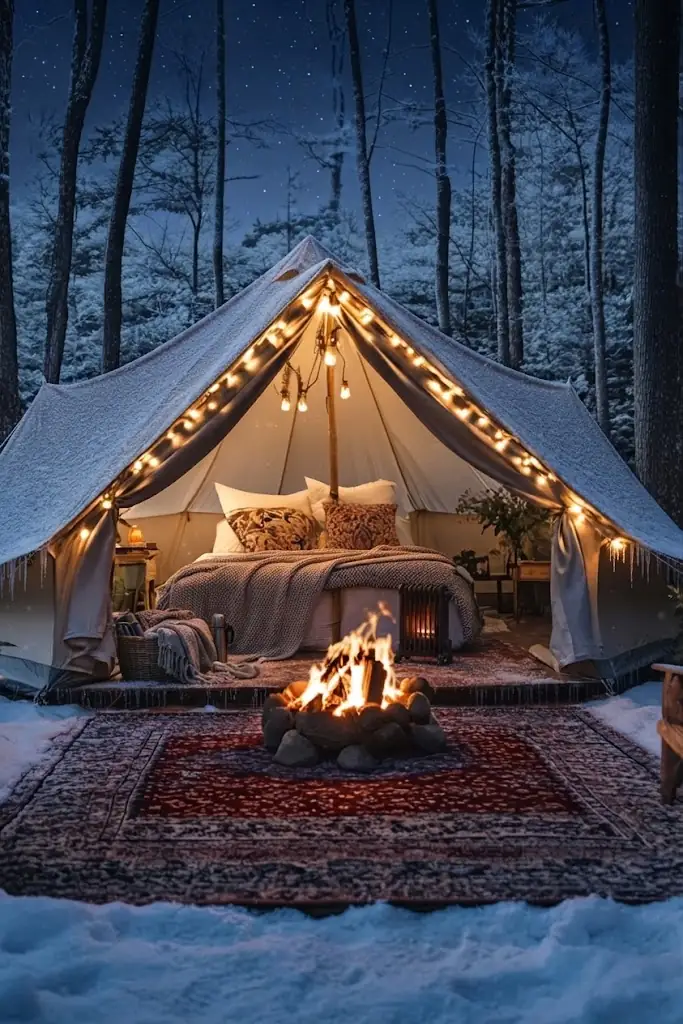 Interior de un domo de glamping equipado con cama y confort en Argentina, Argentina